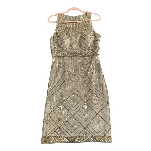 SUE WONG 10 Champagne Silver Beaded Sequin Bridal Formal Cocktail Evening Dress - Picture 7 of 16